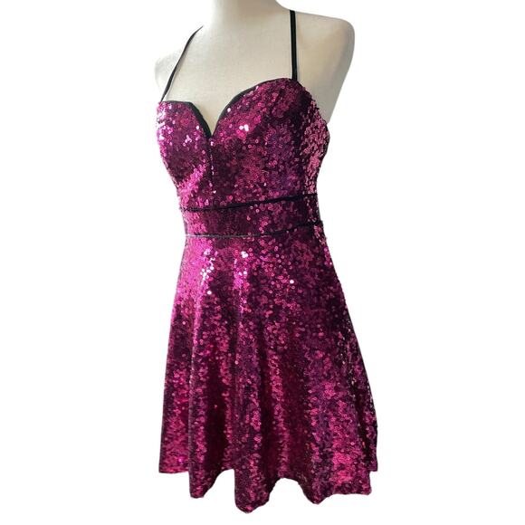 Hot Pink Sequin Mini Dress Women 5 Party Cocktail Clubwear Fit & Flare Prom Hoco - Picture 3 of 16